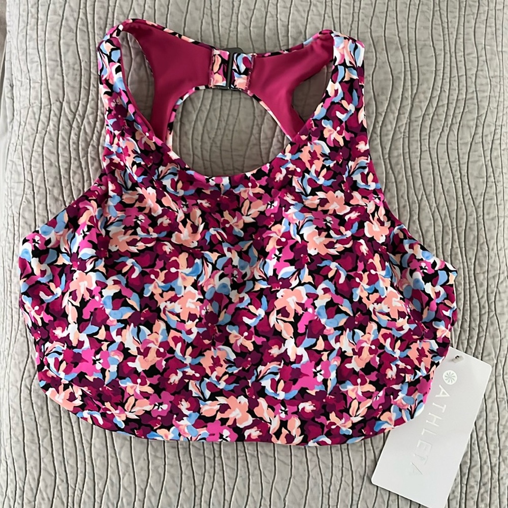 NWT Athleta Maldives Bra Cup Bikini Top High Neck Pink Floral Size 32DD